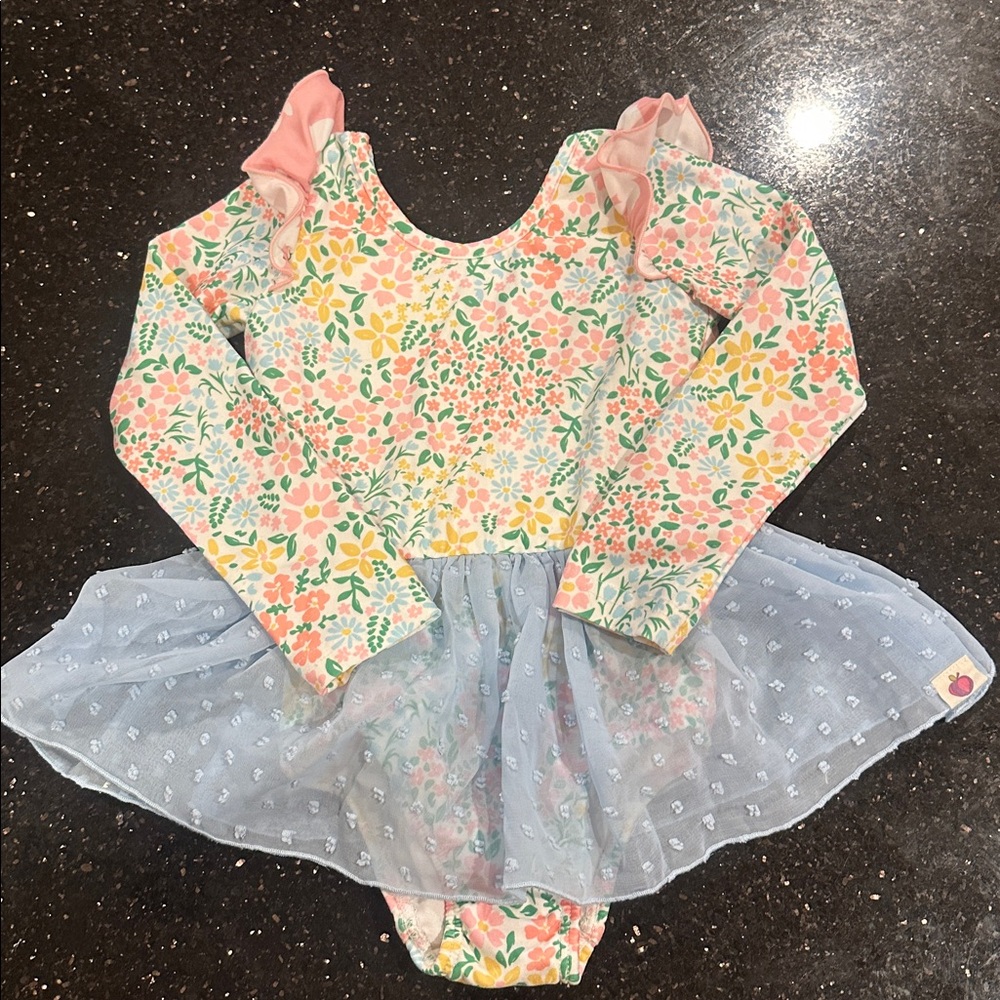 Cheeky Plum 2T. New!  Floral Long Sleeve Dress with Blue Tulle Skirt